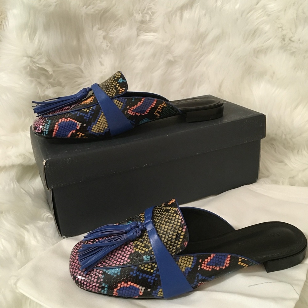 Bernardo Women’s Cobalt Calf Dori Patterned Tassel Leather Slip On Mules Size 8M